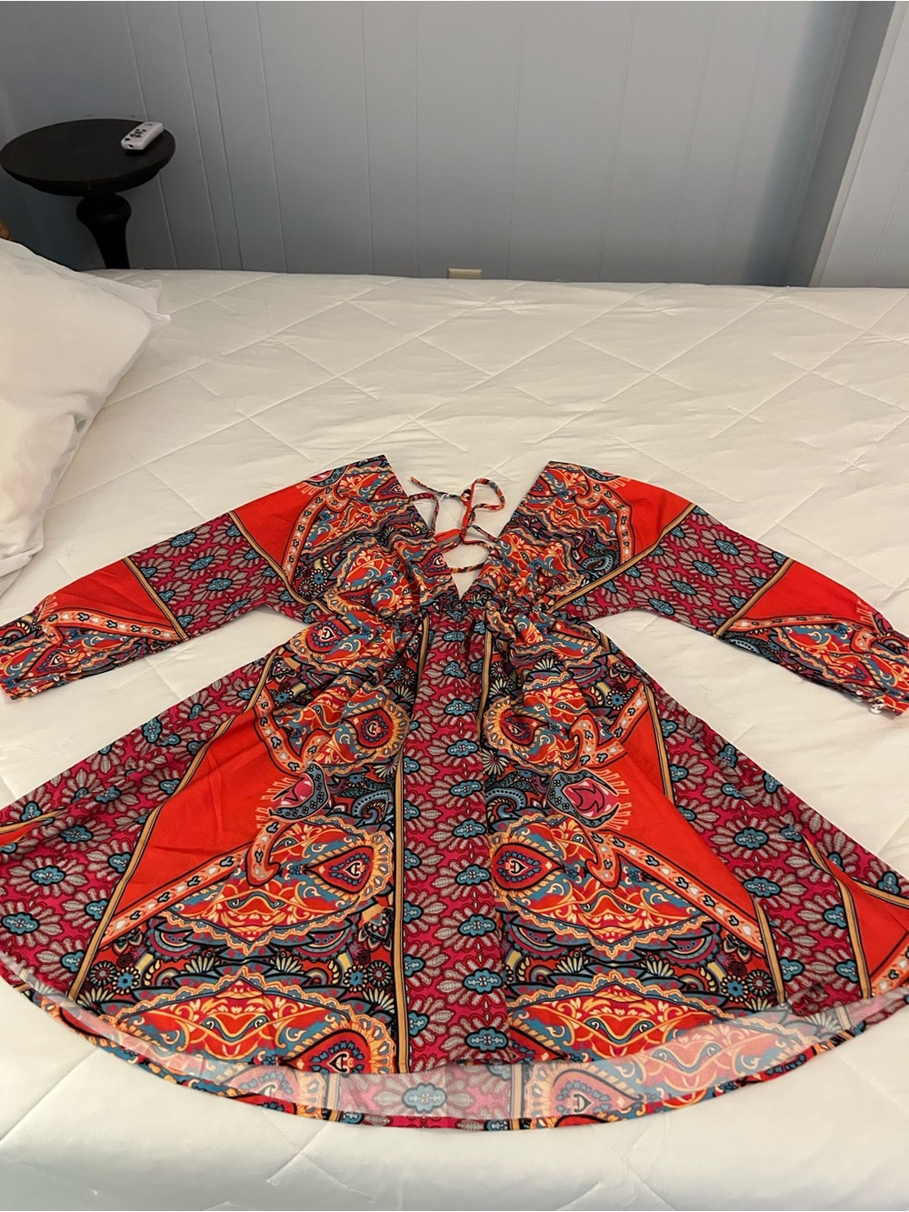 Boho Women’s multicolored Red Paisley Tie-back tunic/ minidress